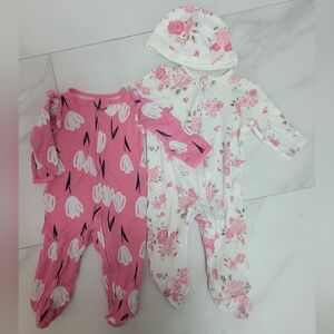 Baby Girl Footie Pajamas Bundle of 2 with hat